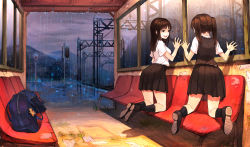 Rule 34 | 2girls, :d, artistic error, bad reflection, bag, bench, brown eyes, brown hair, cloud, cloudy sky, from behind, heart, hill, kneeling, long hair, multiple girls, open mouth, original, railroad signal, railroad tracks, rain, reflection, sky, smile, soono (rlagpfl), stuffed animal, stuffed toy, teddy bear, train station, tree, twintails