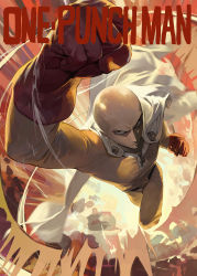 Rule 34 | 1boy, bald, belt, bodysuit, cape, copyright name, gloves, highres, looking at viewer, modare, one-punch man, punching, red gloves, saitama (one-punch man), uppercut, white cape, yellow bodysuit