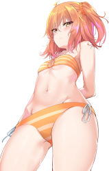 Rule 34 | 1girl, absurdres, ahoge, arms behind back, bare arms, bare shoulders, bikini, blush, breasts, closed mouth, commentary, cowboy shot, fate/grand order, fate (series), from below, fujimaru ritsuka (female), fujimaru ritsuka (female) (brilliant summer), groin, half-closed eyes, highres, legs apart, looking at viewer, navel, official alternate costume, one side up, orange bikini, orange hair, short hair, simple background, small breasts, solo, standing, stomach, striped bikini, striped clothes, sunhyun, sweat, swimsuit, thighs, white background, yellow eyes