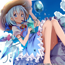 Rule 34 | album cover, alternate headwear, bare legs, barefoot, blue bow, blue dress, blue eyes, blue hair, blue sky, bow, bubble tea, check commentary, cirno, cloud, collared shirt, commentary, commentary request, cover, dress, drinking straw, fairy wings, floating, flower, frozen frog, givuchoko, hair bow, hat, holding, holding clothes, holding hat, ice, ice wings, levitation, long bangs, official art, pinafore dress, pink flower, plant, puffy short sleeves, puffy sleeves, red ribbon, ribbon, shirt, short hair, short sleeves, sky, sleeveless, sleeveless dress, sun hat, sunflower, tanned cirno, touhou, touhou cannonball, vines, white shirt, wings