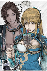 1boy 1girl blonde_hair blue_eyeshadow breasts brown_eyes brown_hair bubble_tea cleavage cleavage_cutout clothing_cutout cup dress eyeshadow gold_trim hair_between_eyes high_collar highres jewelry large_breasts lips lipstick long_bangs long_sleeves looking_at_another looking_down makeup multicolored_clothes muscular muscular_male necklace parted_lips pectorals ponytail shin_sangoku_musou sima_zhao tassel thought_bubble wang_yuanji