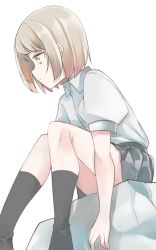 Rule 34 | 1girl, black skirt, black socks, brown eyes, brown hair, closed mouth, collared shirt, comah, dress shirt, feet out of frame, highres, looking away, original, pleated skirt, profile, puffy short sleeves, puffy sleeves, shirt, short sleeves, simple background, sitting, skirt, socks, solo, white background, white shirt