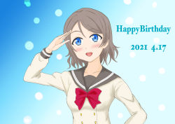 Rule 34 | 1girl, absurdres, aqua eyes, artist name, artist request, blue eyes, blush, bow, bowtie, breasts, brown hair, buttons, collarbone, collared shirt, female focus, grey hair, grey sailor collar, hair between eyes, highres, light brown hair, long sleeves, looking at viewer, love live!, love live! sunshine!!, parted lips, red bow, red bowtie, sailor collar, salute, school uniform, shirt, short hair, small breasts, smile, solo, upper body, uranohoshi school uniform, watanabe you, white shirt, yellow buttons