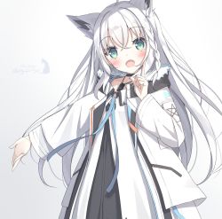 Rule 34 | 1girl, animal ears, black choker, black dress, blush, braid, choker, commentary request, dog tags, dress, fox ears, fox girl, green eyes, hair between eyes, highres, hololive, huyunora, index finger raised, jacket, long hair, looking at viewer, open clothes, open jacket, open mouth, outstretched arm, shirakami fubuki, shirakami fubuki (fubukitek), sidelocks, signature, simple background, single braid, solo, virtual youtuber, white background, white hair, white jacket