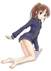 Rule 34 | 1girl, ass, bare legs, barefoot, female focus, full body, jacket, long sleeves, naked jacket, saki (manga), simple background, solo, takakamo shizuno, track jacket, white background