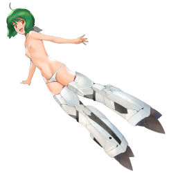 Rule 34 | 1girl, a1 (initial-g), breasts, green hair, macross, macross frontier, mecha, mecha musume, nipples, no bra, panties, parody, ranka lee, red eyes, robot, short hair, small breasts, solo, strike witches, underwear, vf-25, world witches series