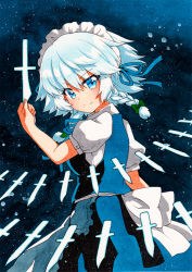 Rule 34 | 1girl, apron, back bow, bad id, bad pixiv id, blue background, blue eyes, blue hair, blue ribbon, blue skirt, blue theme, blue vest, bow, braid, breasts, closed mouth, cowboy shot, from side, green bow, hair between eyes, hair bow, hair ribbon, izayoi sakuya, knife, light blue hair, looking at viewer, maid headdress, medium breasts, medium hair, neck ribbon, puffy short sleeves, puffy sleeves, qqqrinkappp, ribbon, shirt, short sleeves, skirt, sky, smile, solo, star (sky), starry sky, touhou, traditional media, twin braids, vest, waist apron, white bow, white shirt