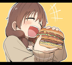 Rule 34 | +++, 1girl, absurdres, blush, brown hair, bural chingu, commentary request, drooling, eating, closed eyes, food, ham na-bi, burger, highres, holding, holding food, korean commentary, letterboxed, luke (dydansgur), open mouth, solo