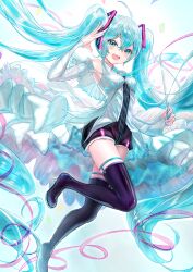 Rule 34 | 1girl, :d, ahoge, armpits, black footwear, black necktie, black shorts, blue eyes, blue hair, blue nails, boots, collared shirt, commentary, detached sleeves, dress shirt, floating hair, hair between eyes, hatsune miku, high heel boots, high heels, highres, holding, hou no ka, leg up, long hair, long sleeves, looking at viewer, necktie, open mouth, shirt, short shorts, shorts, sleeveless, sleeveless shirt, smile, solo, thigh boots, twintails, very long hair, vocaloid, white shirt, white sleeves, wing collar