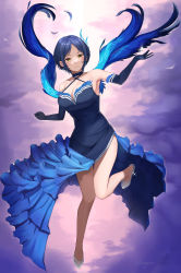 Rule 34 | 1girl, armpits, black dress, black gloves, black hair, blue wings, breasts, cleavage, cloud, cloudy sky, dress, elbow gloves, feathers, full body, glass slipper, gloves, hair ornament, hayami kanade, highres, idolmaster, idolmaster cinderella girls, large breasts, parted bangs, parted lips, short hair, shougun (chuckni1), sky, solo, wings, yellow eyes