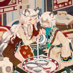 Rule 34 | 2girls, animal ear fluff, animal ears, arknights, bead necklace, beads, belt, blue shirt, bowl, braid, carpet, cliffheart (arknights), closed mouth, cushion, earrings, favilia, fur trim, grey eyes, grey hair, hands up, head chain, holding jug, indoors, jewelry, jug (bottle), leopard ears, leopard tail, long hair, long sleeves, multicolored hair, multiple girls, necklace, open mouth, plate, pouring, pramanix (arknights), radio, seiza, shirt, single earring, sitting, smile, streaked hair, table, tail, twin braids, white hair, wooden floor