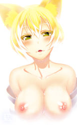Rule 34 | 1girl, akino sora, animal ears, blonde hair, breasts, female focus, fox ears, green eyes, large breasts, looking at viewer, nipples, open mouth, parted lips, shiny skin, short hair, simple background, smile, solo, tail, touhou, upper body, white background, yakumo ran