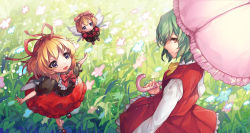 Rule 34 | 3girls, :&gt;, adapted costume, ang, ankle socks, black shirt, blonde hair, blue eyes, bow, bowtie, commentary request, cowboy shot, fairy wings, field, flower, flower field, flying, foreshortening, from above, grass, green hair, hair ribbon, highres, holding, holding umbrella, kazami yuuka, light particles, light smile, long sleeves, looking at another, looking at viewer, looking back, mary janes, medicine melancholy, multiple girls, open mouth, outstretched arms, puffy short sleeves, puffy sleeves, red eyes, red footwear, red neckwear, red skirt, red vest, ribbon, shirt, shoes, short hair, short sleeves, skirt, socks, spread arms, standing, su-san, touhou, touhou lostword, umbrella, vest, white legwear, white shirt, wings