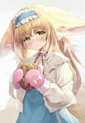 Rule 34 | 1girl, animal ears, arknights, blonde hair, blue hairband, blue skirt, blush, box, closed mouth, commentary request, fox ears, fox girl, fox tail, frilled hairband, frills, gedou (shigure seishin), gift, gift box, gradient background, green eyes, grey background, grey jacket, hairband, heart-shaped box, high-waist skirt, highres, holding, holding gift, jacket, kitsune, long hair, neck ribbon, open clothes, open jacket, red ribbon, ribbon, shirt, skirt, smile, solo, suzuran (arknights), suzuran (spring praise) (arknights), tail, very long hair, white background, white shirt