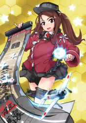 Rule 34 | 1girl, :d, aircraft, airplane, ball, blue fire, brown eyes, brown hair, cosplay, fire, flight deck, flying, hexagon, idolmaster, idolmaster (classic), japanese flag, kantai collection, long hair, looking at viewer, machinery, magatama, mamezou, minase iori, motion blur, onmyouji, open mouth, orb, propeller, round teeth, ryuujou (kancolle), ryuujou (kancolle) (cosplay), scroll, simple background, skirt, smile, solo, teeth, thigh strap, twintails, visor cap, yellow background