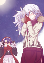 Rule 34 | 2girls, ^ ^, benizuwai, blue hair, braid, can, canned coffee, closed eyes, coffee, doremy sweet, drink can, feathered wings, french braid, fur-trimmed jacket, fur trim, gloves, hat, highres, jacket, kishin sagume, multiple girls, nightcap, open mouth, purple scarf, red eyes, red gloves, red scarf, scarf, silver hair, single wing, touhou, white gloves, wings