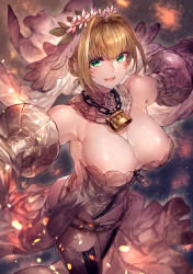 Rule 34 | 10s, 1girl, :d, ass, bare back, bare shoulders, belt, breasts, chain, cleavage, collar, detached collar, detached sleeves, fate/extra, fate/extra ccc, fate/grand order, fate (series), flower, from above, green eyes, hair intakes, highres, large breasts, lock, looking at viewer, nero claudius (bride) (fate), nero claudius (bride) (second ascension) (fate), nero claudius (fate), nero claudius (fate) (all), open mouth, outstretched arms, padlock, signo aaa, smile, solo, thighhighs, veil, wreath