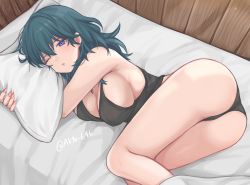 Rule 34 | 1girl, ass, bed, black panties, black tank top, blue eyes, blue hair, breasts, byleth (female) (fire emblem), byleth (fire emblem), cleavage, feet out of frame, fire emblem, fire emblem: three houses, from above, highres, large breasts, long hair, lying, nintendo, on side, one eye closed, panties, parted lips, pillow, shimizu akina, solo, tank top, thighs, underwear