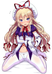 Rule 34 | 1girl, aged down, ankle ribbon, blonde hair, bow, breasts, collarbone, commentary request, corset, detached sleeves, dress, flying sweatdrops, frills, full body, gloves, hair between eyes, hair ribbon, hat, hat bow, hat ribbon, heart, heart hands, leg ribbon, looking at viewer, low tied hair, mob cap, navel, neck ribbon, no shoes, opanchu (hakusen), open mouth, pantyhose, puffy short sleeves, puffy sleeves, purple dress, purple eyes, red bow, red ribbon, ribbon, ripples, short sleeves, simple background, sitting, small breasts, solo, thighs, touhou, wariza, white background, white gloves, white hat, white pantyhose, white sleeves, yakumo yukari, yakumo yukari (young)