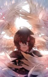 1boy ahoge angel_wings armor black_cloak breastplate brown_hair cloak commentary feathered_wings feathers granblue_fantasy hair_between_eyes head_wings highres kogarashi_8 lens_flare light_rays lipstick looking_at_viewer makeup male_focus multiple_wings parted_lips red_eyes sandalphon_(granblue_fantasy) short_hair solo straight-on upper_body white_background white_wings wings