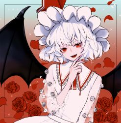 Rule 34 | 1girl, ascot, bat wings, bow, buttons, fingernails, flower, frilled shirt collar, frills, hat, hat ribbon, looking at viewer, mob cap, open mouth, petals, red ascot, red bow, red eyes, red flower, red rose, remilia scarlet, ribbon, ringocha, rose, rose petals, sharp fingernails, sharp teeth, shirt, short hair, simple background, smile, teeth, touhou, vampire, white hair, white shirt, wings