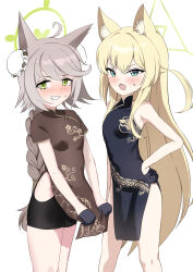 Rule 34 | 2girls, absurdres, animal ears, bike shorts, black dress, black gloves, black shorts, blonde hair, blue archive, blush, braid, breasts, brown dress, commentary request, cosplay, dragon print, dress, feet out of frame, fox ears, gloves, green eyes, green halo, grin, halo, highres, kisaki (blue archive) (cosplay), kurumi (blue archive), light brown hair, long hair, mochini, multiple girls, open mouth, otogi (blue archive), short sleeves, shorts, simple background, single braid, sleeveless, sleeveless dress, small breasts, smile, very long hair, white background