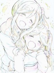 Rule 34 | 2girls, :d, absurdres, blush stickers, closed eyes, color trace, colored pencil (medium), commentary, eyebrows, facing viewer, fang, hair bobbles, hair ornament, hair scrunchie, head tilt, highres, hug, hug from behind, inuyama akari, inuyama aoi, kitazinger, long hair, long sleeves, multiple girls, one side up, open mouth, scarf, scrunchie, siblings, simple background, sisters, skin fang, smile, sweater, traditional media, upper body, yurucamp