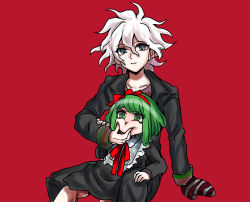 Rule 34 | absurdres, age difference, black dress, black jacket, black legwear, black pants, blue eyes, bow, child, collarbone, danganronpa (series), danganronpa another episode: ultra despair girls, dress, ears, eyelashes, face squeeze, green eyes, green hair, hair bow, hair ribbon, hairband, hand on another&#039;s arm, hand on another&#039;s cheek, hand on another&#039;s chin, hand on another&#039;s face, hand on another&#039;s head, hand on another&#039;s thigh, headband, highres, jacket, komaeda nagito, legs, long hair, long sleeves, messy hair, neck ribbon, nose, oven mitts, pants, red background, red bow, red hairband, red headband, red headwear, red ribbon, red shirt, ribbon, servant (danganronpa), shirt, simple background, sitting, sitting on person, smile, squishing, struggling, towa monaca, white hair