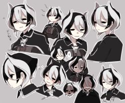 Rule 34 | 1girl, artist request, bad id, bad twitter id, black eyes, black hair, expressions, female focus, grey background, hair between eyes, half-closed eyes, made in abyss, multicolored hair, multiple views, ozen, shaded face, simple background, two-tone hair, white hair