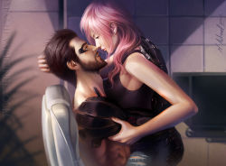Rule 34 | 10s, 1boy, 1girl, 2012, adam jensen, artist name, black hair, chair, crossover, deus ex, deus ex: human revolution, eye contact, facial hair, final fantasy, final fantasy xiii, lightning farron, long hair, looking at another, pink hair, short hair, signature, sitting, sitting on person, straddling, torn clothes, upright straddle, watermark, web address