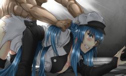 Rule 34 | 1boy, 1girl, ass, blue eyes, blue hair, breasts, cleavage, clenched teeth, clothed female nude male, esdeath, eyebrows, fang, fingernails, grabbing another&#039;s hair, hetero, highres, large breasts, long hair, nude, rape, sex, solo focus, tears, teeth