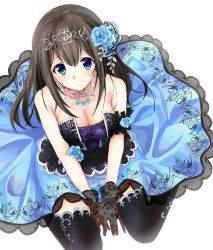 Rule 34 | 10s, 1girl, black dress, black gloves, black hair, black thighhighs, blue eyes, blush, breasts, dress, flower, gloves, hair flower, hair ornament, idolmaster, idolmaster cinderella girls, idolmaster cinderella girls starlight stage, large breasts, long hair, looking at viewer, looking up, md5 mismatch, resolution mismatch, rikudou inuhiko, sagisawa fumika, sitting, solo, source smaller, thighhighs, tiara, wariza, white background