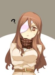 Rule 34 | 1girl, ?, anger vein, arms under breasts, belt, breasts, brown belt, brown coat, brown eyes, brown hair, brown scarf, coat, commentary request, eyepatch, hair between eyes, highres, i.u.y, large breasts, long hair, long sleeves, looking at viewer, mugino shizuri, parted lips, scarf, solo, toaru majutsu no index, upper body