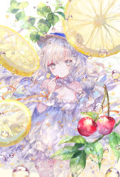 Rule 34 | 1girl, bare shoulders, blue eyes, blush, branch, breasts, brown hat, cherry blossoms, cleavage, commentary, dress, english commentary, food, fruit, hair between eyes, hair ornament, hairclip, hat, head tilt, highres, holding, holding food, lemon, lemon slice, long hair, looking at viewer, medium breasts, onineko, original, parted lips, ribbon, see-through, silver hair, solo, strapless, strapless dress, transparent, very long hair, water drop, white background, white dress, wrist cuffs, x hair ornament, yellow ribbon
