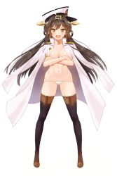 Rule 34 | 1girl, admiral (kancolle), admiral (kancolle) (cosplay), bad id, bad pixiv id, blush, boots, breasts, brown eyes, brown hair, cleavage, commentary request, cosplay, crossed arms, full body, gunbuster pose, hair ornament, hairband, hat, kantai collection, kongou (kancolle), large breasts, long hair, looking at viewer, military, military uniform, mx2j, naval uniform, navel, open clothes, open mouth, panties, smile, solo, thigh boots, thighhighs, underwear, uniform, white background, white panties