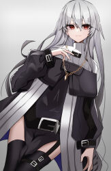 Rule 34 | 1girl, absurdres, arknights, black capelet, black dress, black thighhighs, capelet, cowboy shot, dress, grey background, grey hair, highres, jewelry, long hair, necklace, no headwear, pelvic curtain, red eyes, simple background, smile, solo, specter (arknights), split mouth, thighhighs, touko (toko12 tooko), very long hair