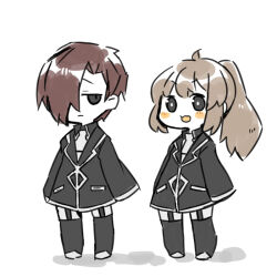 Rule 34 | 1boy, 1girl, ahoge, black garter straps, black jacket, black socks, bright pupils, brown hair, closed mouth, collared shirt, colored skin, commentary request, garter straps, grey shirt, grey shorts, hair over one eye, harvest fes, jacket, librarian (project moon), library of ruina, light brown hair, long hair, no nose, open mouth, ponytail, project moon, shirt, shorts, simple background, sketch, smile, socks, white background, white pupils, white skin
