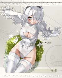 Rule 34 | 1girl, 2b (nier:automata), absurdres, black hairband, black leotard, breasts, cleavage, cleavage cutout, closed mouth, clothing cutout, covered navel, feather-trimmed sleeves, hairband, highleg, highleg leotard, highres, leotard, looking at viewer, medium breasts, nier:automata, nier (series), no blindfold, short hair, smile, solo, thighhighs, two-tone leotard, waligner, white hair, white leotard, white thighhighs