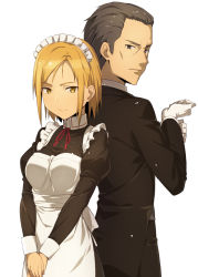 Rule 34 | 1boy, 1girl, apron, back-to-back, black hair, blonde hair, butler, closed mouth, expressionless, gloves, juliet sleeves, kinta (distortion), long sleeves, looking at viewer, looking back, maid, maid headdress, original, puffy sleeves, short hair, simple background, tuxedo, upper body, waist apron, white background, white gloves, yellow eyes