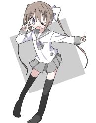 Rule 34 | 1girl, black thighhighs, blush, brown hair, dona2oisii, fang, female focus, flesh fang, full body, grey sailor collar, grey shirt, highres, long hair, momochi tamate, no nose, no shoes, one eye closed, open mouth, purple eyes, sailor collar, school uniform, serafuku, shirt, simple background, skirt, slow start, solo, thighhighs, twintails, v, white background