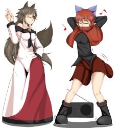 Rule 34 | 2girls, animal ears, arms behind head, bare shoulders, between breasts, black shirt, blue bow, boombox, bow, breasts, brooch, brown hair, capelet, closed mouth, clothes between breasts, dancing, dress, eighth note, epic armageddon, closed eyes, hair bow, covered mouth, highres, imaizumi kagerou, jewelry, long hair, long skirt, long sleeves, motion lines, multiple girls, musical note, off-shoulder dress, off shoulder, one eye closed, quarter note, red eyes, red hair, sekibanki, shirt, short hair, simple background, skirt, smile, tail, touhou, werewolf, white background, white dress, wolf ears, wolf tail