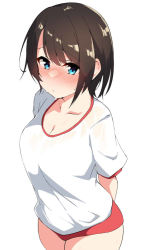 Rule 34 | 1girl, arms behind back, breasts, brown hair, buruma, cleavage, collarbone, commentary request, gym uniform, hololive, looking at viewer, medium breasts, oozora subaru, red buruma, short hair, solo, terazip, thighs, virtual youtuber, white background