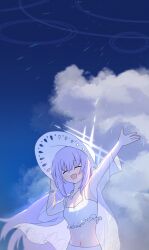 Rule 34 | 1girl, atsuko (blue archive), atsuko (swimsuit) (blue archive), bikini, blue archive, blush, breasts, cleavage, cloud, cloudy sky, day, frilled bikini, frills, grey halo, halo, hat, highres, hizikata398, jacket, jewelry, long hair, long sleeves, navel, open clothes, open jacket, open mouth, outdoors, pendant, purple hair, see-through, see-through jacket, see-through sleeves, sky, small breasts, smile, solo, swimsuit, upper body, white bikini, white hat, white jacket