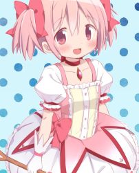 Rule 34 | 1girl, :d, aqua background, arms at sides, blush, bubble skirt, choker, close-up, collarbone, dot nose, flat chest, frilled skirt, frilled sleeves, frills, gloves, hair between eyes, hair ribbon, happy, holding, holding weapon, kaname madoka, looking at viewer, mahou shoujo madoka magica, mahou shoujo madoka magica (anime), open mouth, outline, pink eyes, pink hair, pink ribbon, polka dot, polka dot background, puffy short sleeves, puffy sleeves, red choker, red neckwear, ribbon, short sleeves, short twintails, simple background, skirt, smile, solo, soul gem, tsubaki (tatajd), twintails, upper body, weapon, white gloves, white outline, white skirt