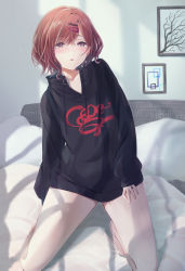 Rule 34 | 1girl, arigato (rmskrtkdlqj), bare legs, barefoot, blush, brown hair, commentary request, hair ornament, hairclip, highres, higuchi madoka, idolmaster, idolmaster shiny colors, indoors, kneeling, looking at viewer, mole, mole under eye, no pants, on bed, open mouth, purple eyes, short hair, sleeves past wrists, solo, sweater