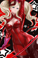 Rule 34 | 1girl, arm up, blonde hair, blue eyes, bodysuit, breasts, cleavage, cleavage cutout, clothing cutout, commentary, cowboy shot, cyicheng, gloves, holding, looking at viewer, mask, mask on head, medium breasts, parted lips, persona, persona 5, pink gloves, signature, solo, standing, takamaki anne, thighs, twintails, zipper bodysuit