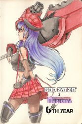 Rule 34 | 10s, 1girl, absurdres, alisa ilinichina amiella, alisa ilinichina amiella (cosplay), ballpoint pen (medium), boots, breasts, cabbie hat, copyright name, cosplay, from side, gloves, god eater, graphite (medium), grey hair, hair between eyes, hand on own hip, hat, highres, holding, holding weapon, iris heart, isaki tanaka, kami jigen game neptune v, large breasts, long hair, looking at viewer, looking to the side, miniskirt, neptune (series), pantyhose, purple hair, red eyes, signature, skirt, solo, suspenders, thigh boots, thighhighs, traditional media, weapon