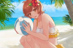 Rule 34 | 1girl, :d, ball, beach, beachball, bikini, breasts, brown eyes, brown hair, cleavage, collarbone, day, flower, hair flower, hair ornament, hibiscus, highres, holding, holding ball, honi hogya, looking at viewer, ocean, open mouth, outdoors, palm tree, red flower, short hair, small breasts, smile, solo, squatting, swept bangs, swimsuit, tree, white bikini, yu-gi-oh!, yu-gi-oh! vrains, yuu-gi-ou, yuu-gi-ou vrains, zaizen aoi