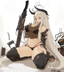 Rule 34 | 1girl, armor, bikini, breasts, brown eyes, cameltoe, crop top, crop top overhang, elbow gloves, faucre the evil overlord, gauntlets, gloves, greaves, grey hair, hand on hilt, highres, horns, korean commentary, large breasts, last origin, layered bikini, long hair, navel, one (dnjsaos86), revealing clothes, side-tie bikini bottom, sidelocks, sitting, solo, swimsuit, sword, tears, thighhighs, thighs, very long hair, wariza, weapon