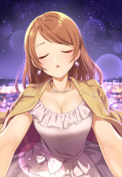 Rule 34 | 1girl, blush, bow, breasts, brown hair, brown jacket, city lights, cleavage, closed eyes, collarbone, dress, earrings, facing viewer, frilled dress, frills, highres, hojo karen, idolmaster, idolmaster cinderella girls, jacket, jacket on shoulders, jewelry, large breasts, layered dress, lens flare, long hair, mk (mod0), necklace, night, night sky, open clothes, open jacket, open mouth, outdoors, outstretched arms, pov, sky, solo, swept bangs, upper body, white bow